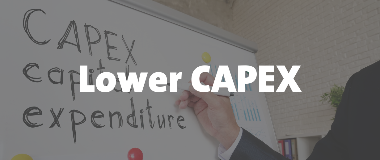 A hand writing on a whiteboard that already has  'CAPEX Capital Expenditure' written on it. The image is overlaid with the text 'Lower CAPEX'