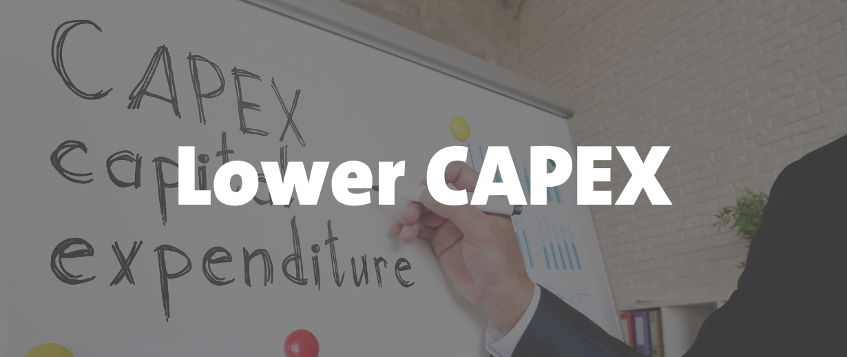 A hand writing on a whiteboard that already has 'CAPEX Capital Expenditure' written on it. The image is overlaid with the text 'Lower CAPEX'