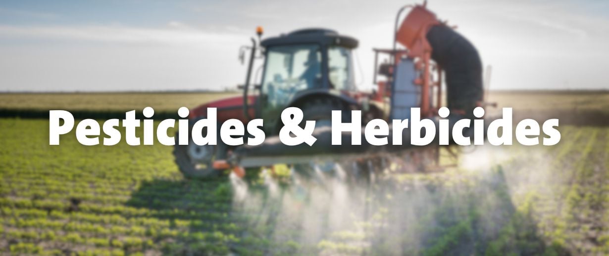 The words 'Pesticides & Herbicides' on top a  photo of a tractor spraying pesticides on a field of crops.