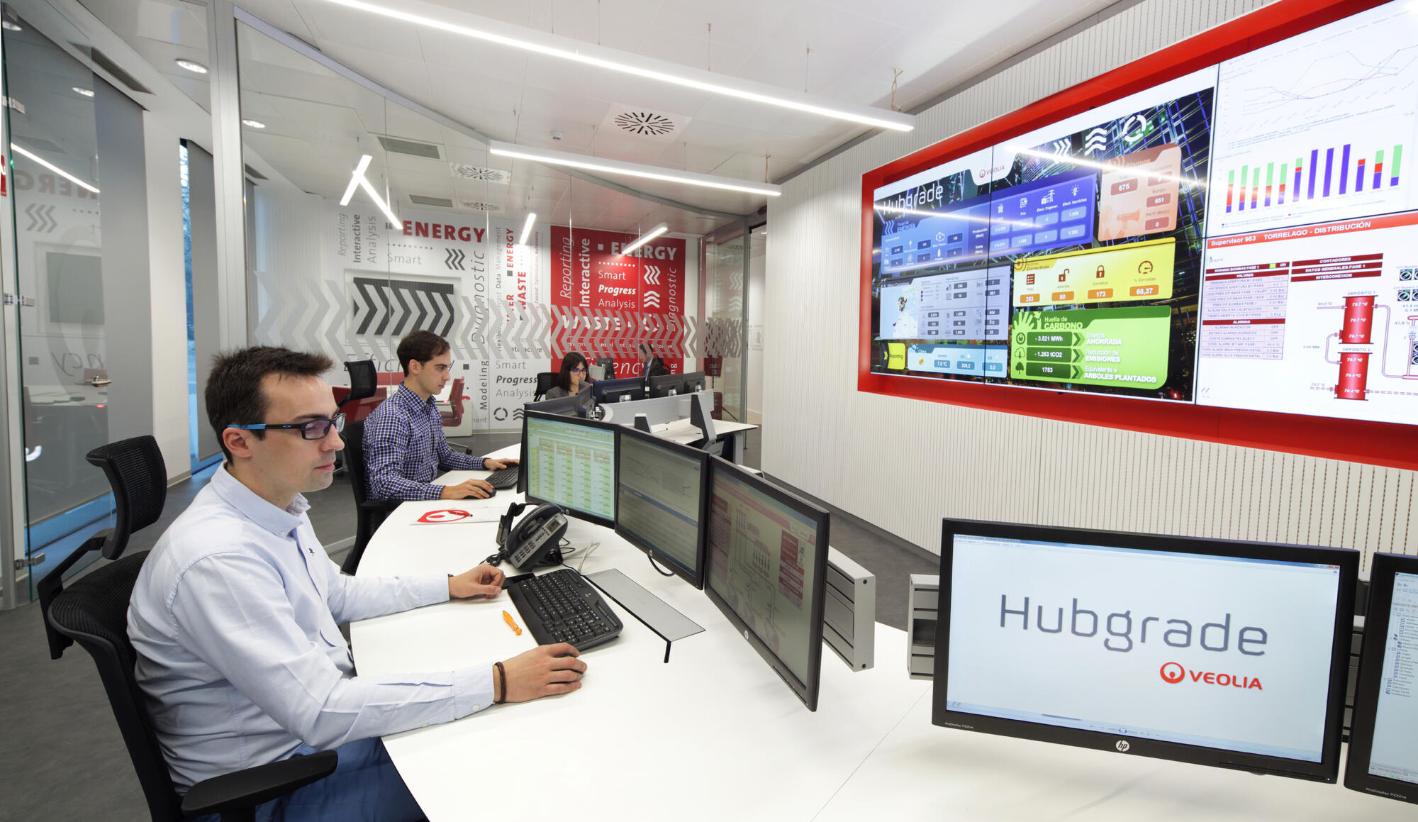 Water treatment experts sat at desk monitoring live data surrounded by screens and data.