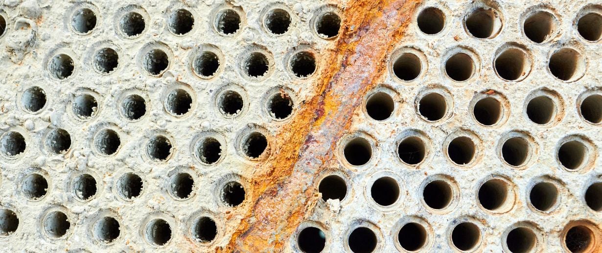 Close up view of part of an industrial boiler covered in scale.