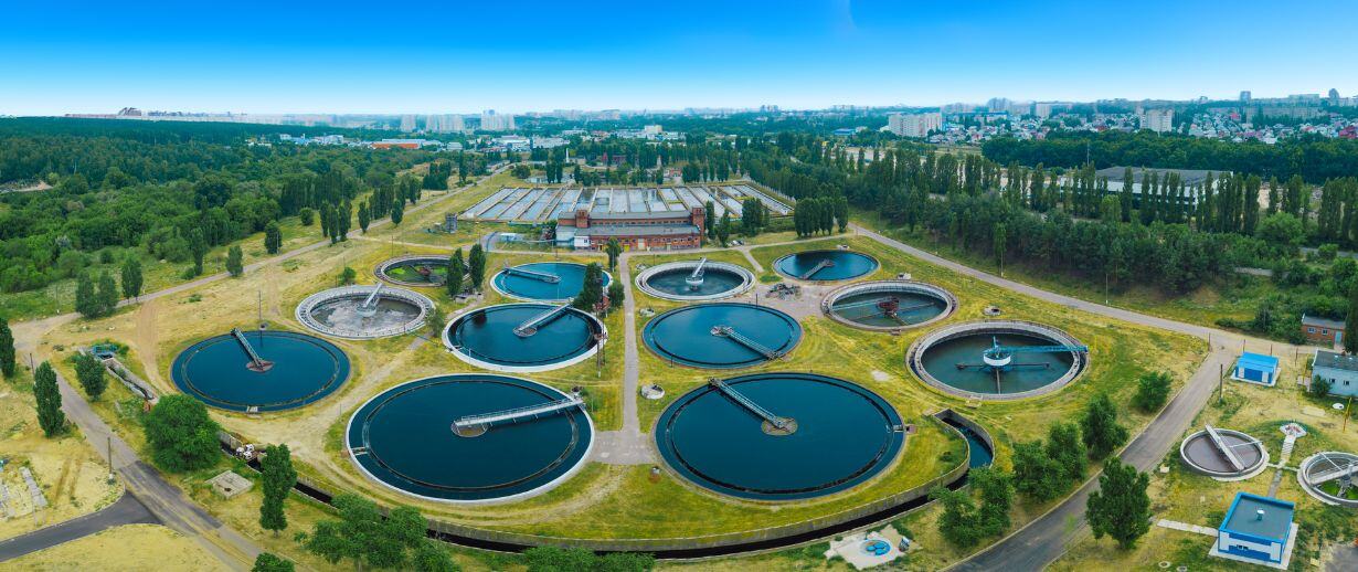 A drone shot of a wastewater treatment site from above